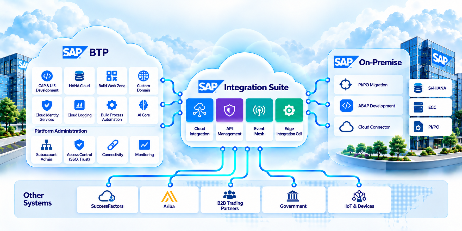 SAP Integration Suite connects BTP applications and platform administration, SAP on-premise systems, and external systems through Cloud Integration, API Management, Event Mesh, and Edge Integration Cell.